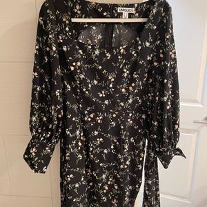 Square Neck Short Black Floral Long Sleeve Mini Dress Size 6